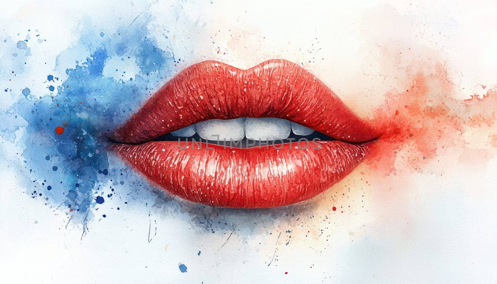 A Vibrant watercolor painting of red lips with colorful splashes, evoking passion and beauty