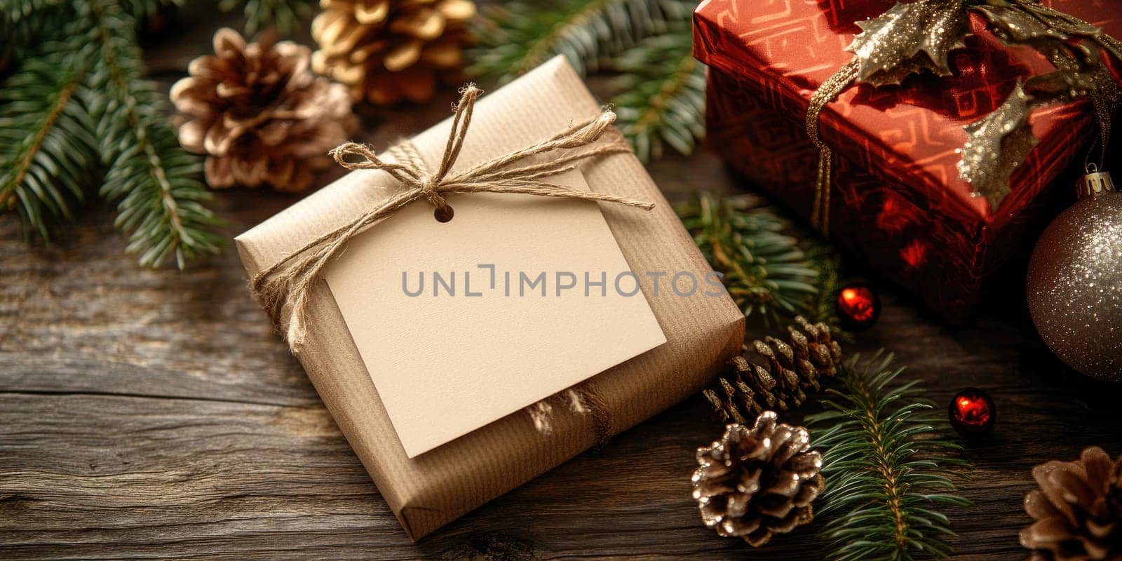 Christmas gift with blank tag and pinecone accents on rustic wooden background.