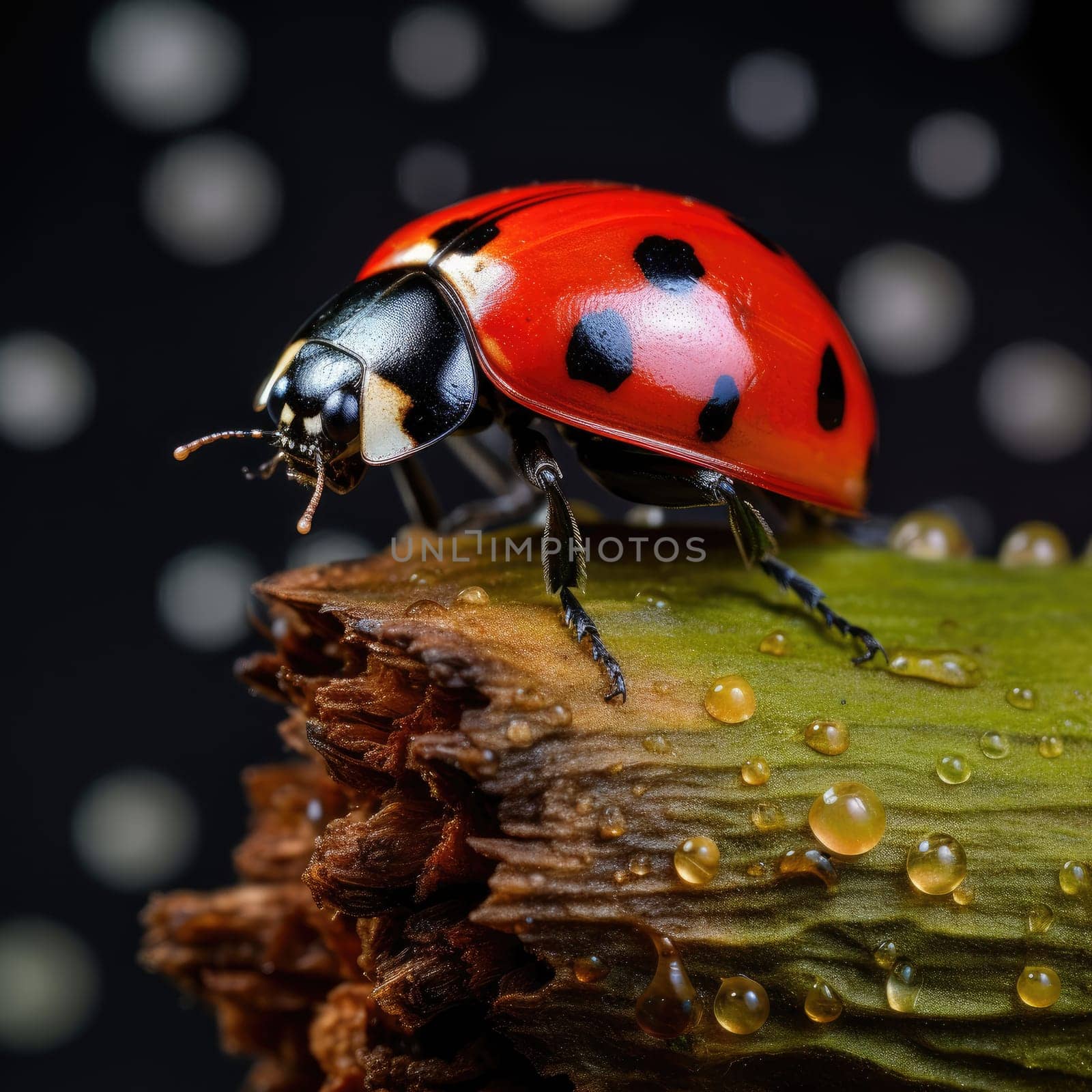 A vibrant ladybug sits on a brown branch adorned with water droplets. The dark, bokeh background enhances the striking red and black colors of the insect, creating a captivating view.