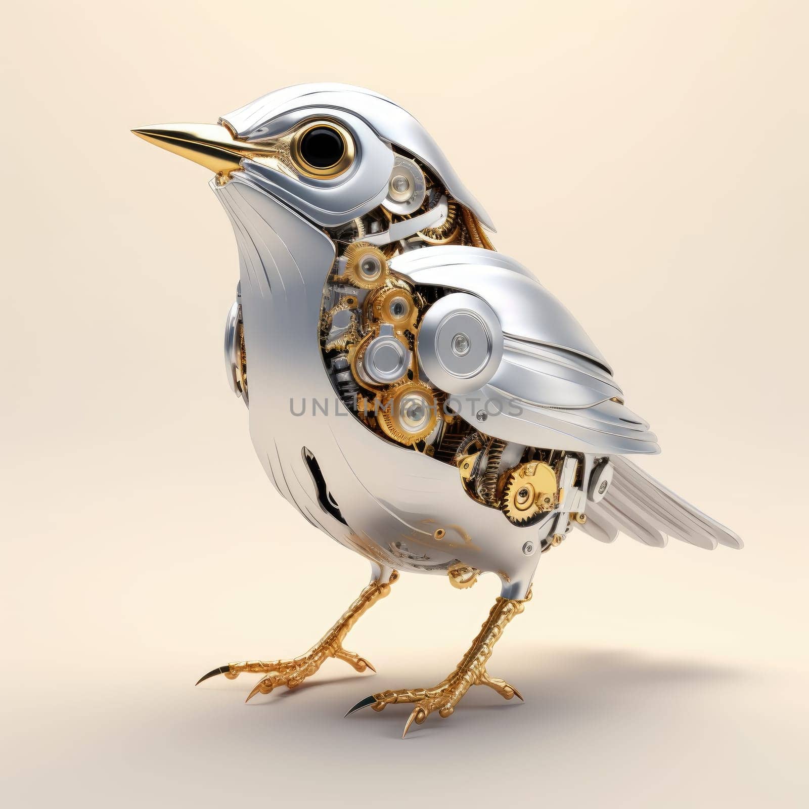 Crafted from gleaming metal and intricate gears, this robotic bird sculpture stands elegantly on display. Its unique design blends art and technology, highlighting the future of robotics.