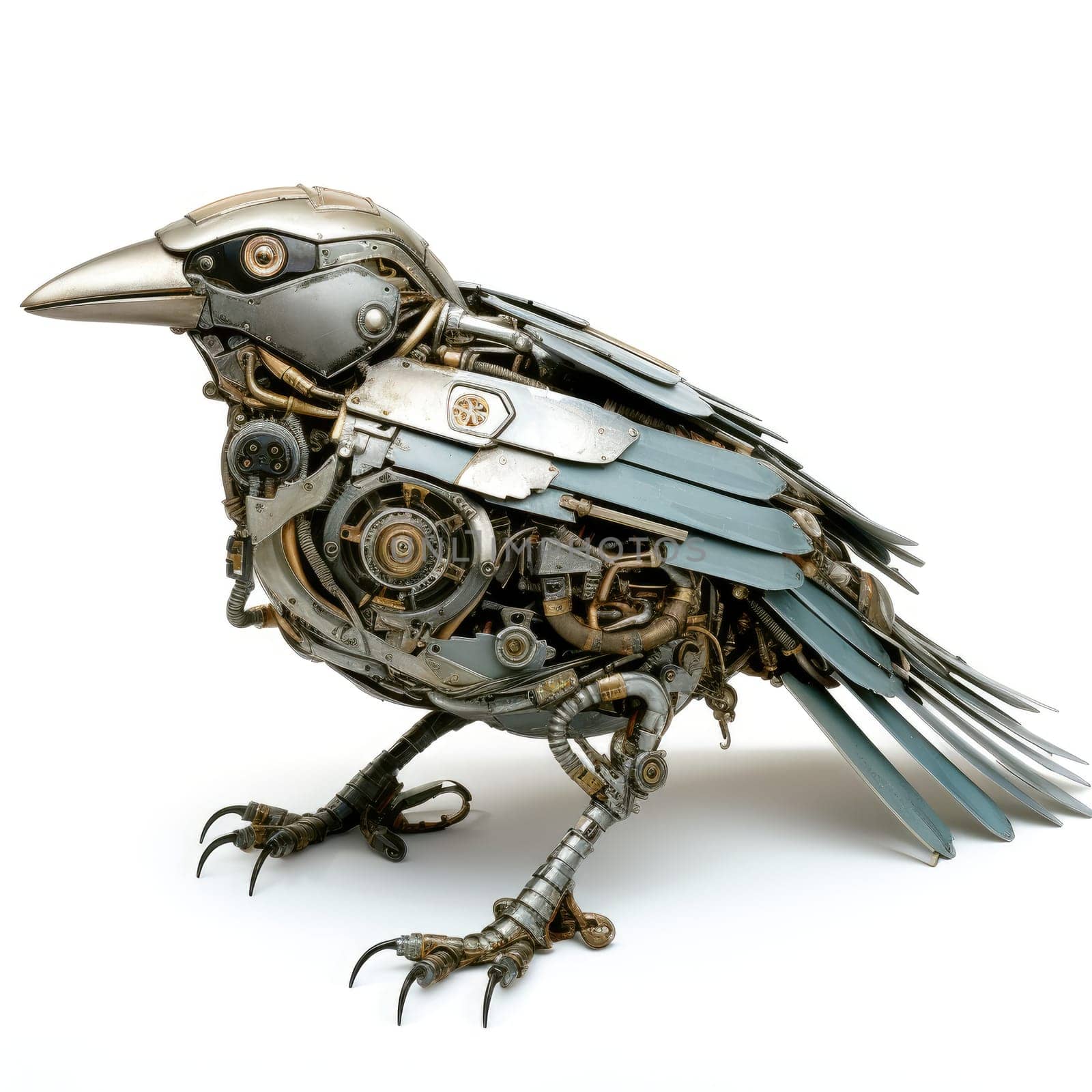 This captivating robot bird sculpture combines intricate metal components and creative engineering, depicting a remarkable fusion of nature and technology.