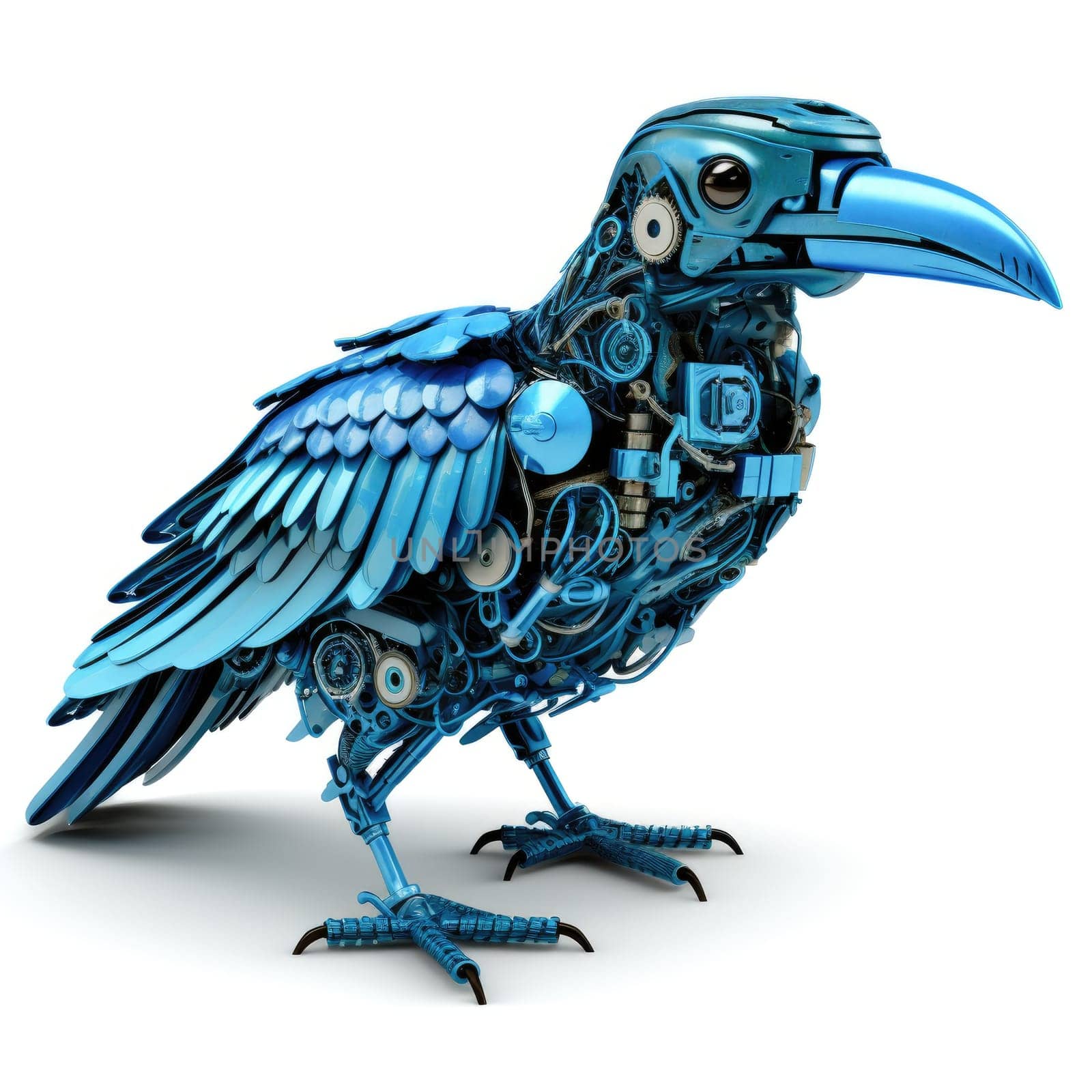 A stunning sculpture of a robotic bird stands on display, crafted with meticulous attention to detail. Its vibrant blue color and complex mechanical features highlight the artistry in modern robotics.