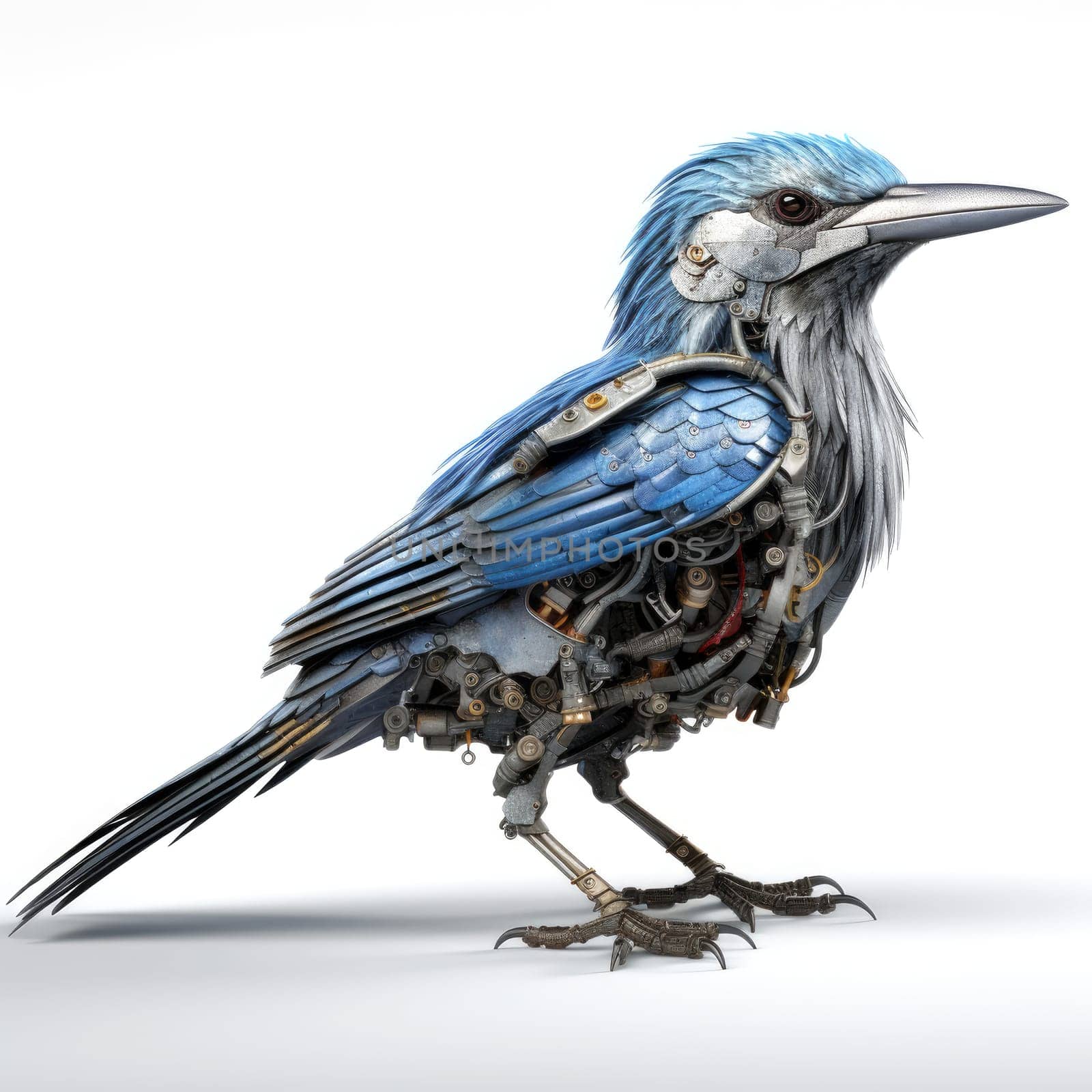 A captivating mechanical bird prototype stands in a well-lit studio, beautifully crafted with intricate metal components.