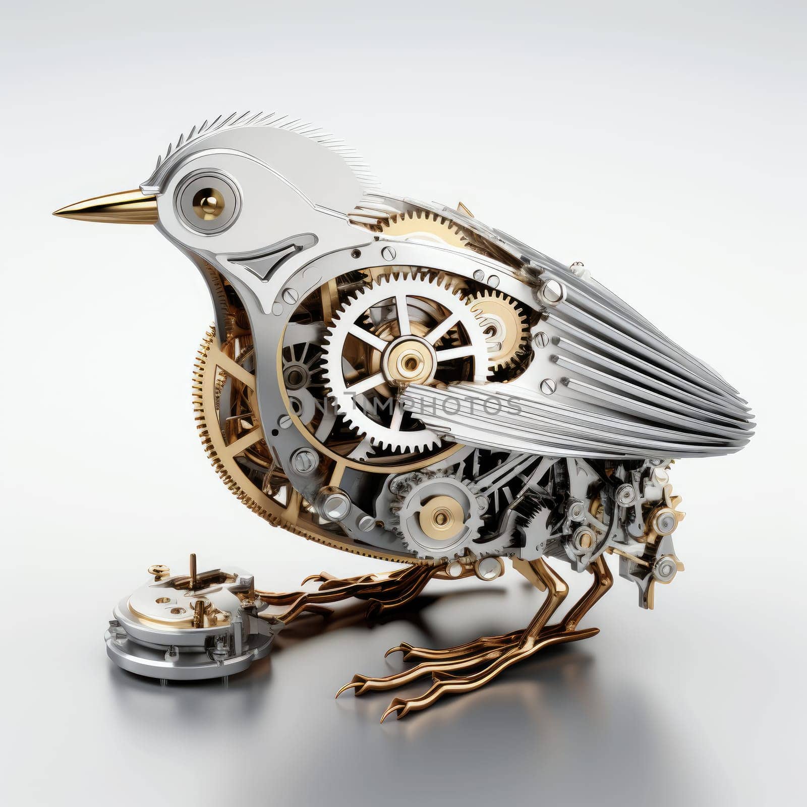 Delicate metal bird crafted with precision, featuring visible gears and elegant design. This mechanical toy prototype stands as a testament to modern robotics and artistic innovation.