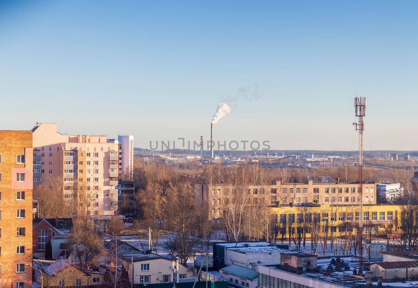 Typical eastern european city seen trough window at winter