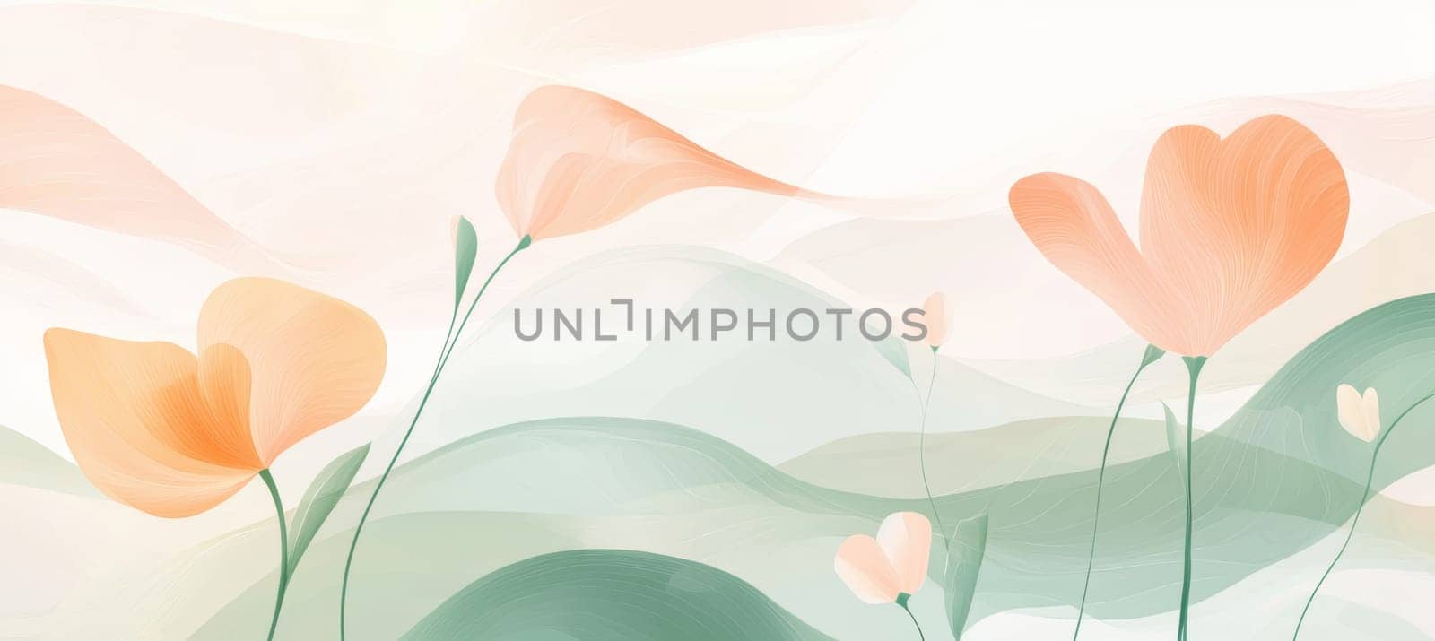 Ethereal pastel waves blend seamlessly with delicate floral overlays, creating an enchanting and light composition. soft hues of blue, pink, and peach add depth, offering a serene aesthetic perfect for seasonal advertising or social media headers.