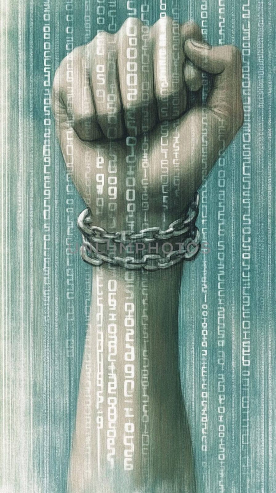 Powerful fist, adorned with intricate patterns, is breaking free from heavy chains, symbolizing the struggle for freedom and equality