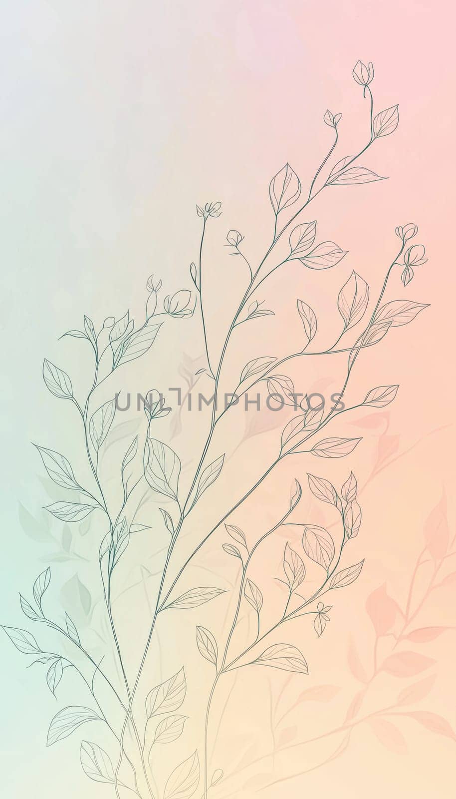 Gradient pastel background transitions from mint to pink, featuring elegant line art of leaves and flowers. minimalistic and airy design ideal for high-end seasonal promotions, cards, and posters.