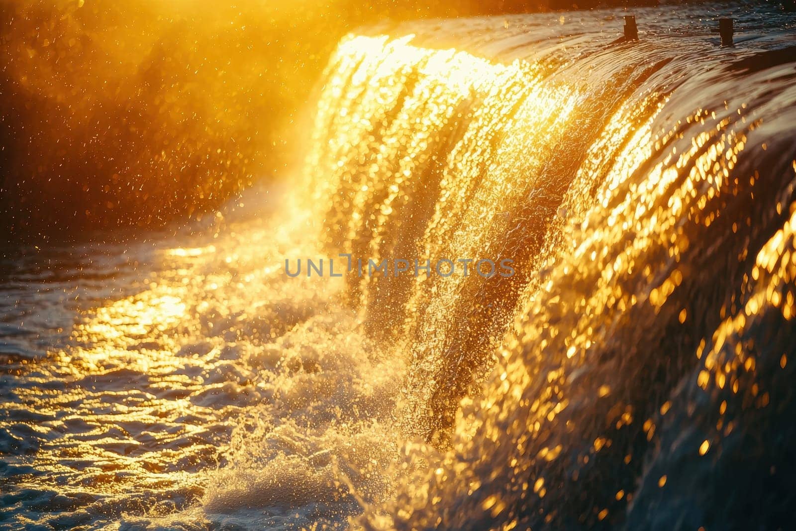 A waterfall with a bright orange sun in the background. The water is crashing down and creating a misty atmosphere