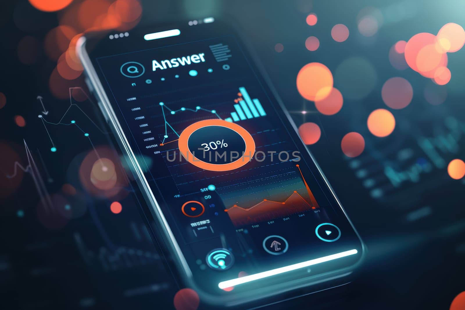 Mobile interface showcasing a sleek design for a business-themed quiz app with dynamic charts and graphs. features an engaging "answer now!" button, blending functionality and aesthetics, ideal for interactive learning or corporate training.