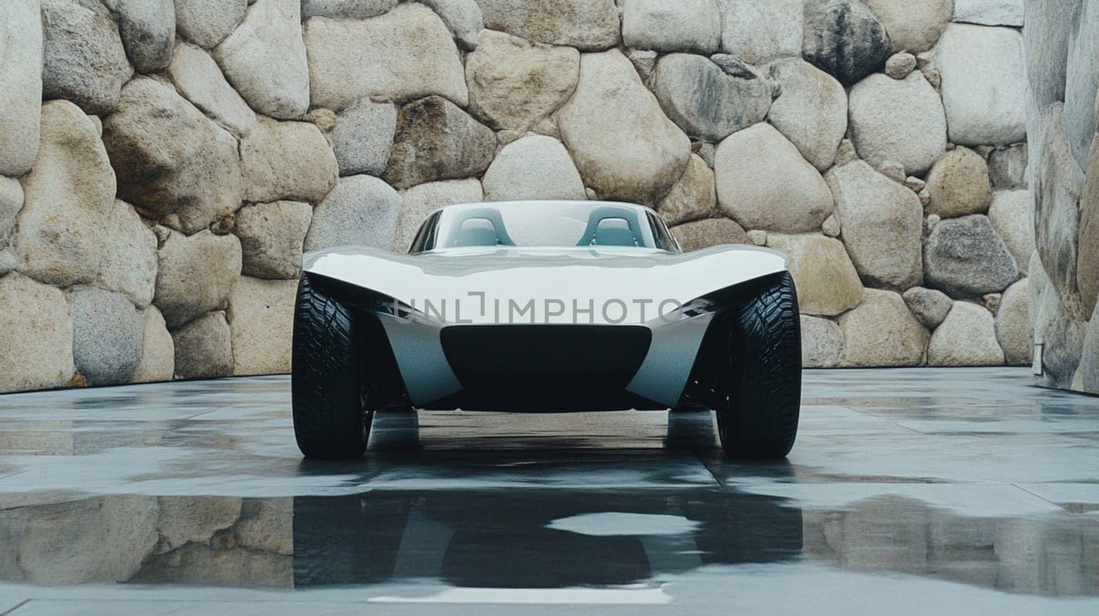 Sleek silver concept car parked next to a concrete wall, reflecting in wet pavement, exudes power and speed with modern, futuristic design