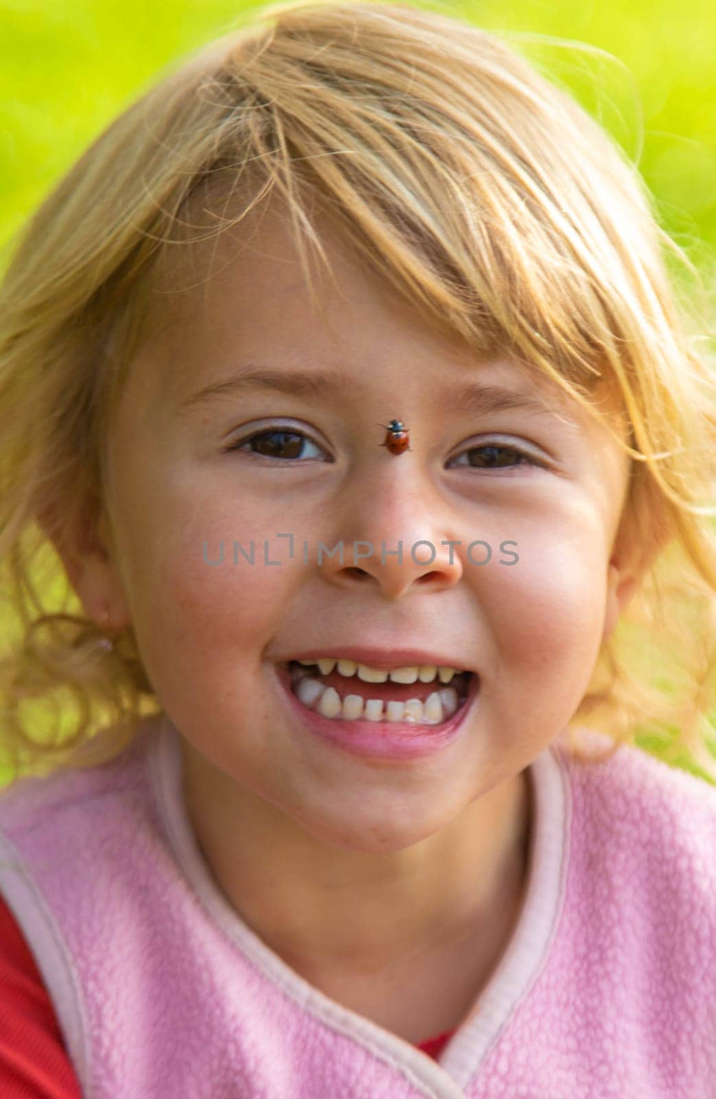 Child playing with ladybug. Selective focus. Kid.