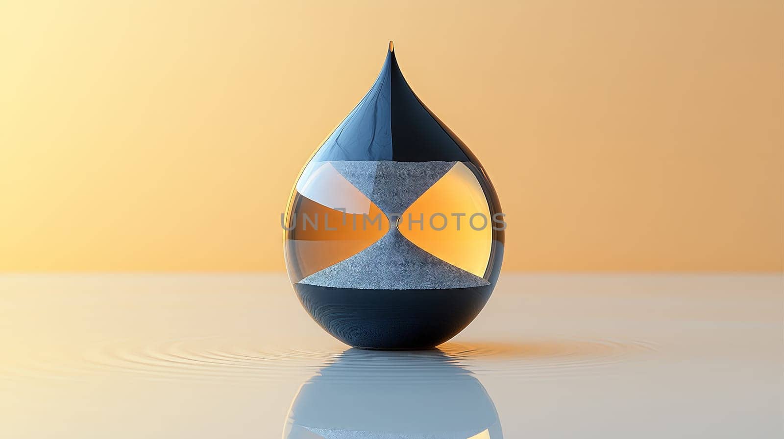 A glass hourglass shaped like an oil drop, filled with sand and glowing orange reflections, placed on a smooth reflective surface.
