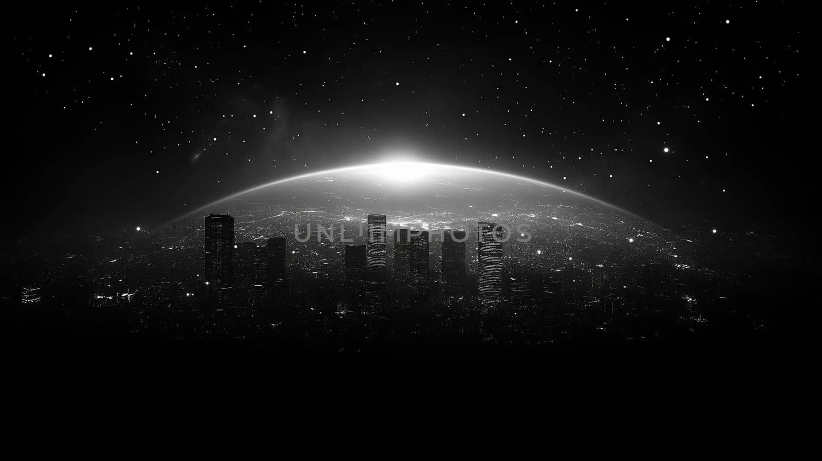 A dark futuristic city skyline beneath a glowing horizon, surrounded by stars and a cosmic atmosphere, evoking a sci-fi feel.