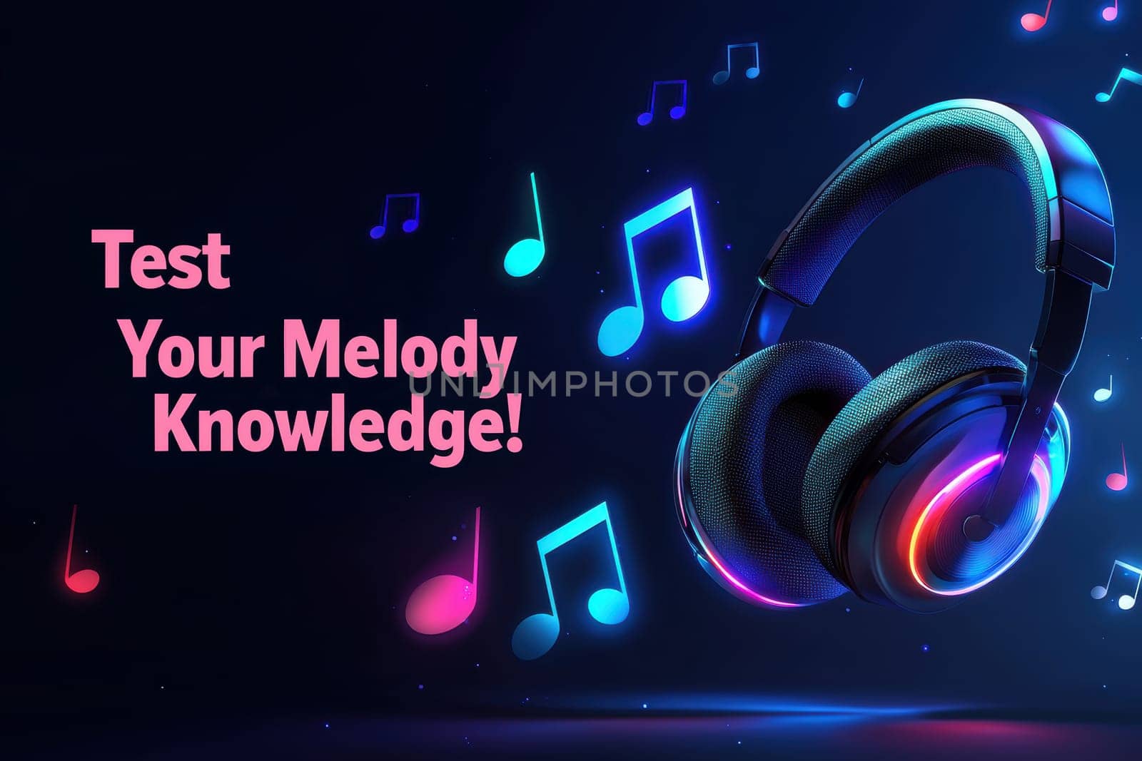 Vibrant advertisement showcasing a music trivia app, a glowing headset surrounded by colorful musical notes and an energizing tagline. ideal for promotional materials in the music and entertainment industry.