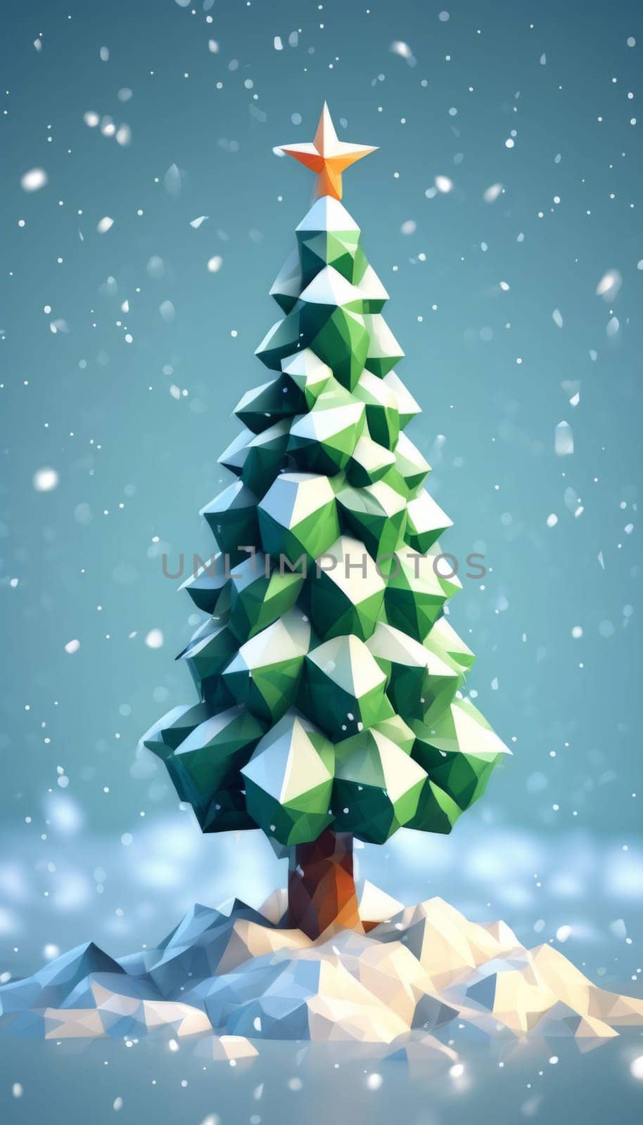 Geometric low-poly Christmas tree with star on top stands on snowy ground. Modern, artistic design combines festive spirit with contemporary style, perfect for digital projects, cards, holiday decor
