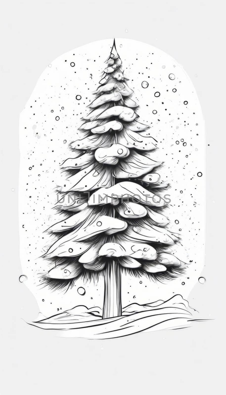 Hand-drawn illustration of snow-covered Christmas tree, intricately detailed with swirling branches, falling snowflakes. Black white aesthetic offers elegant, timeless charm for holiday card, design