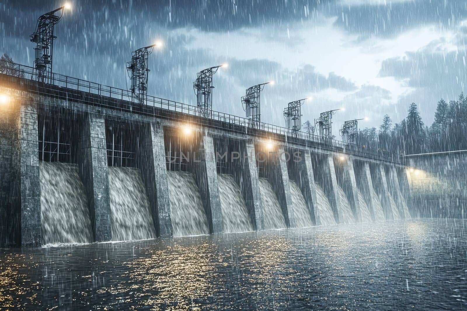 A large dam with a waterfall on it. The water is falling and the sky is cloudy