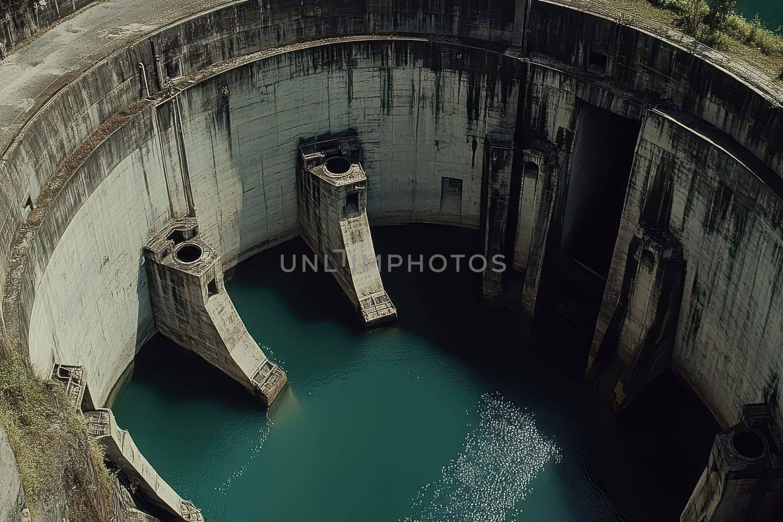 A large, empty, and deep water basin with a blue color. The water is calm and still