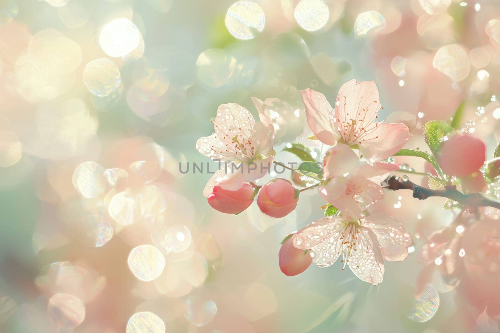 Delicate pink blossoms covered in dew evoke a fresh, spring atmosphere. overlapping bokeh lights add a dreamy quality, creating an enchanting background ideal for seasonal and floral designs, greeting cards, and nature-themed projects.