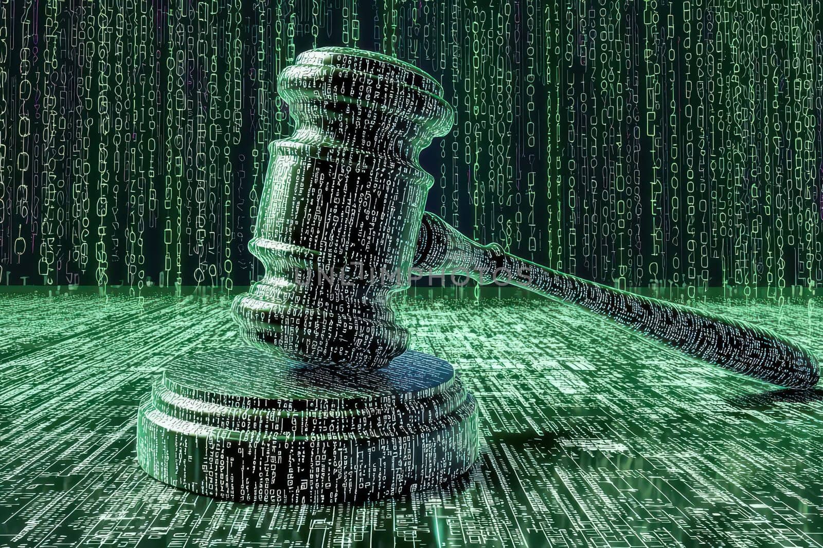 A gavel is shown in a green background with a lot of numbers. The gavel is surrounded by a lot of numbers and it looks like it is in a computer program