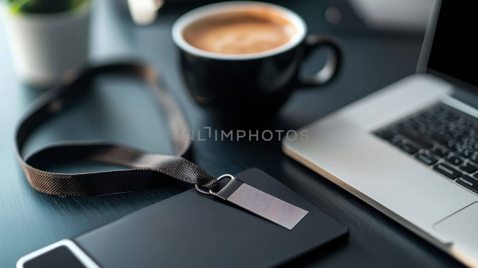 Close-up shot of a high-quality lanyard with an id badge on a modern desk, accompanied by a laptop and coffee. the lanyard's smooth fabric complements the sleek, professional office setting, ideal for business use.