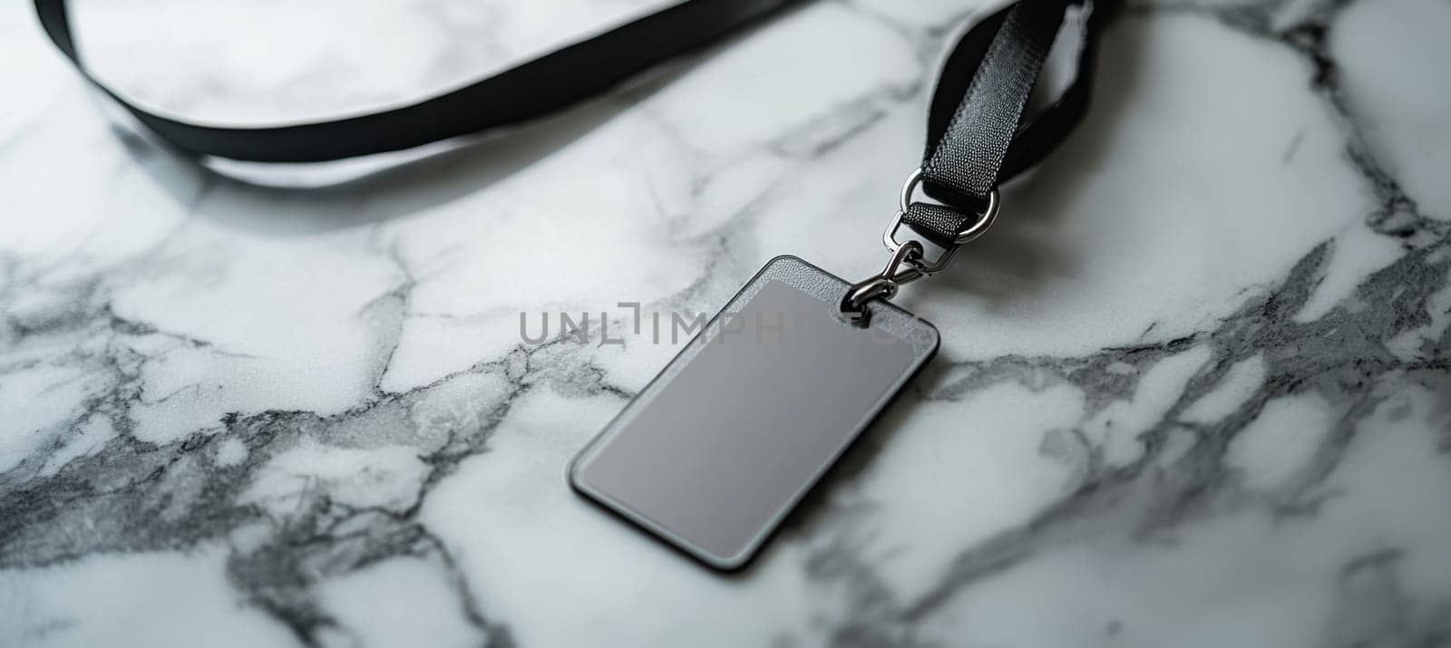 Detachable badge holder featuring a sleek lanyard resting on a polished marble surface, creating a modern and elegant aesthetic ideal for professional settings or events. crafted with attention to detail, emphasizing sophistication.