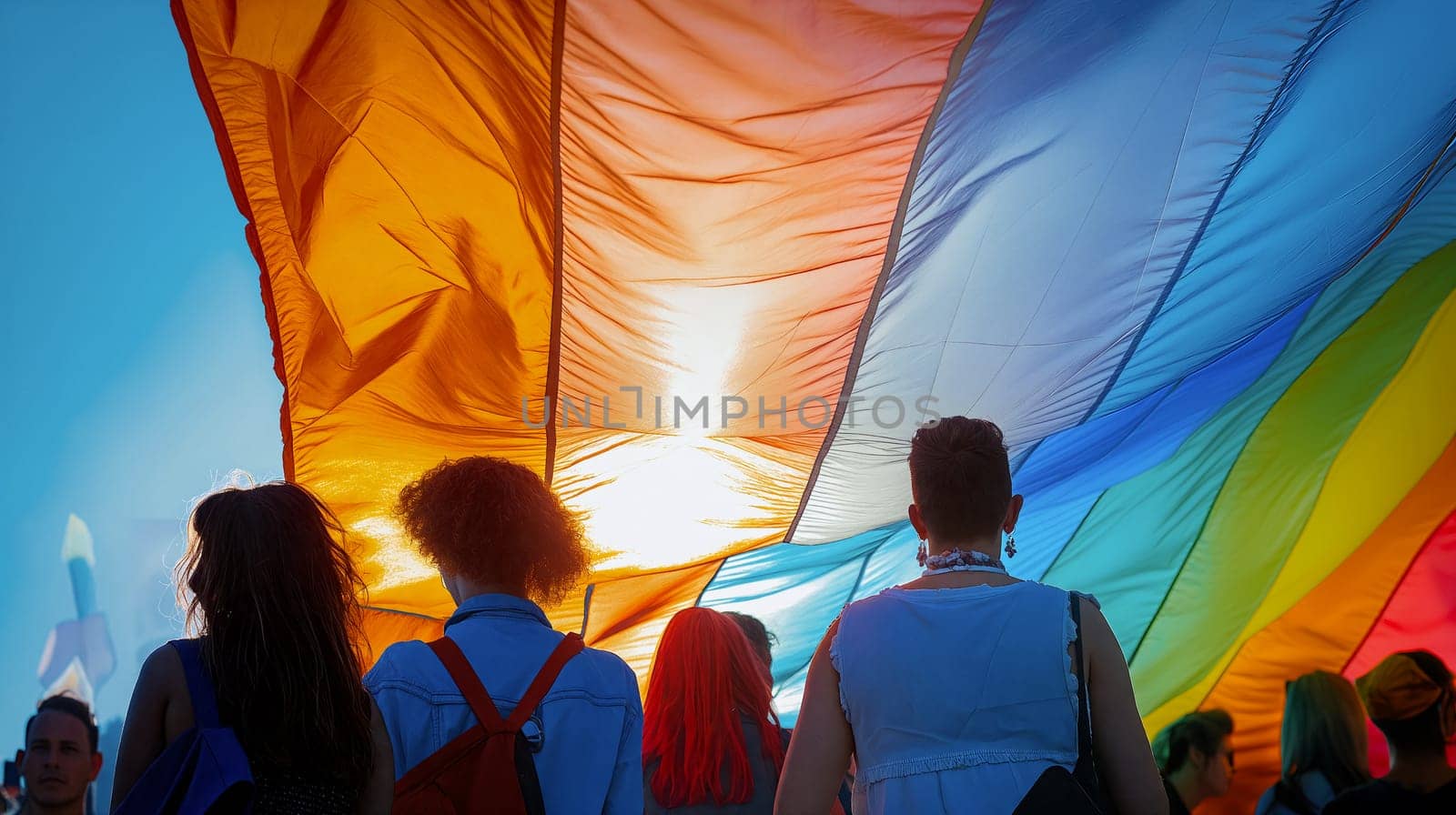 Participants stroll beneath a sprawling rainbow flag, basking in sunlight, celebrating diversity in an urban event - Generative AI