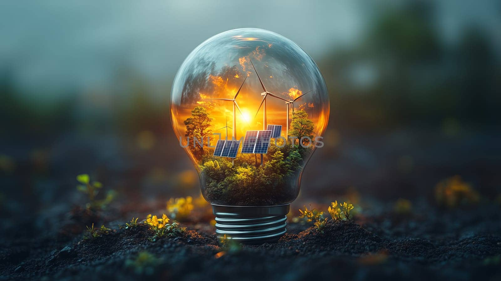 Glass light bulb containing solar panels, wind turbines, and trees illuminated by sunset, symbolizing renewable energy and sustainability.