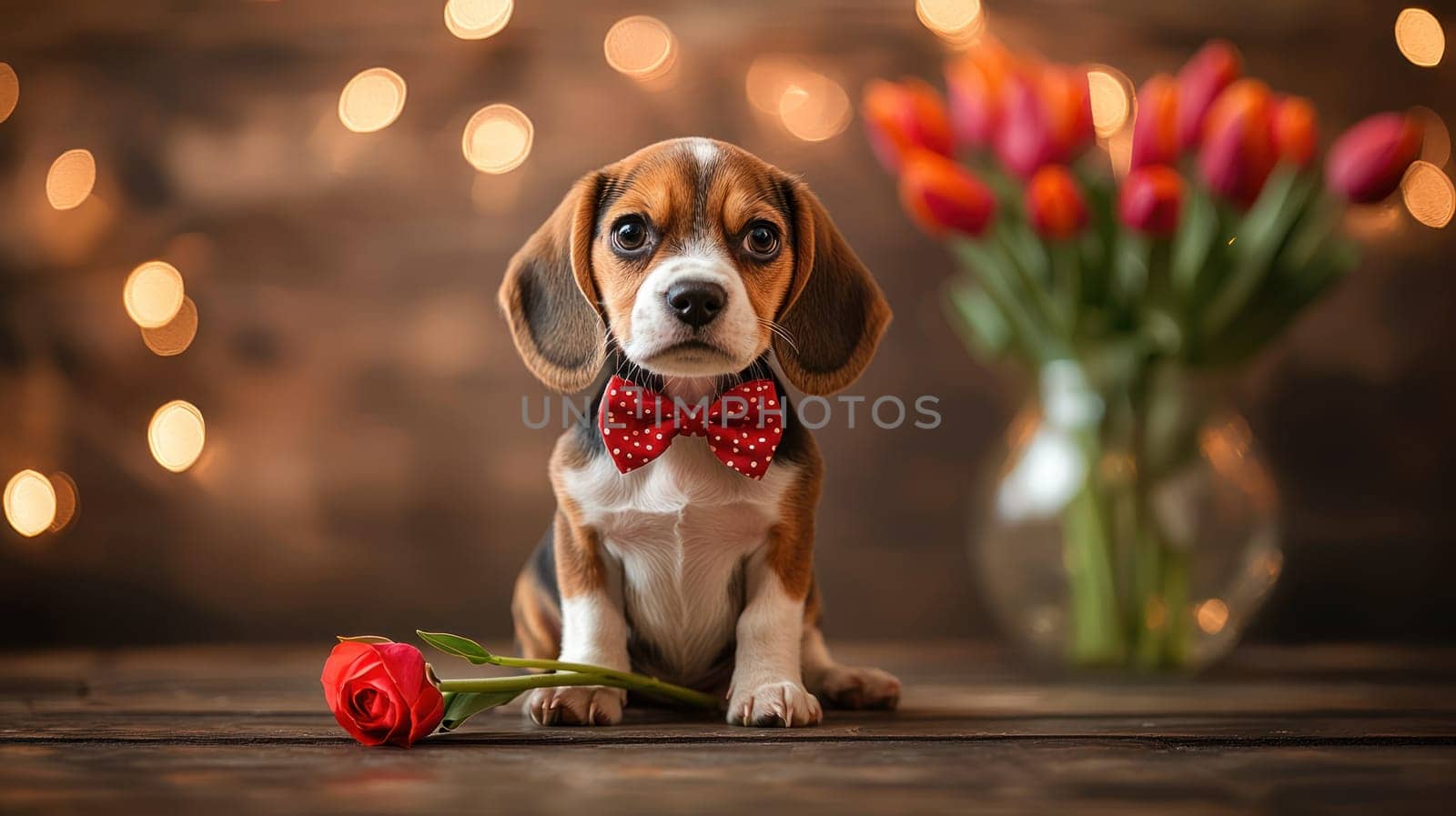 A small beagle puppy with red bow tie sits beside rose, exuding charm and playfulness. background features soft bokeh lights and tulips