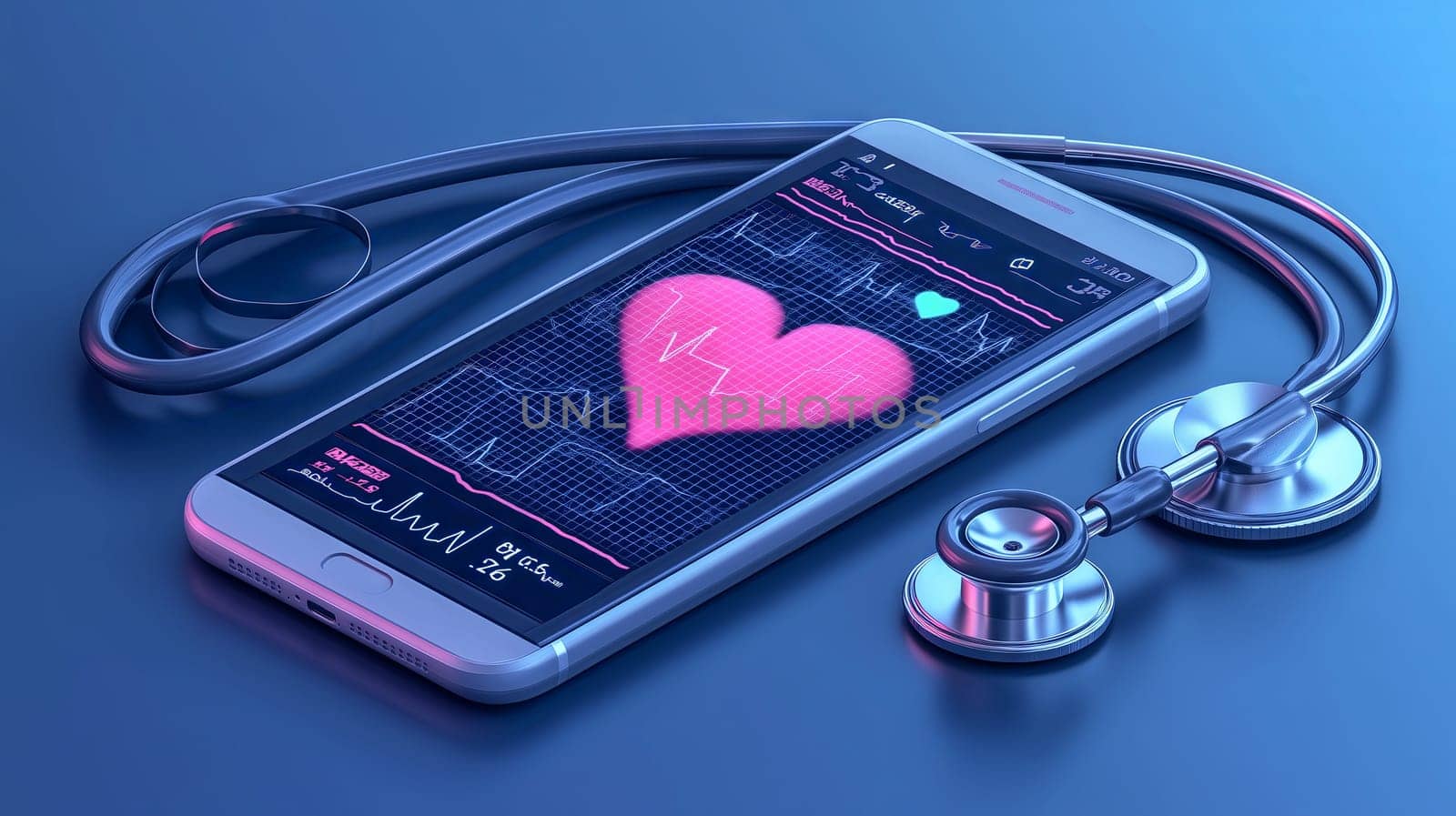 A smartphone displaying a heart monitor app with a pink heart, placed beside a stethoscope on a blue gradient background.