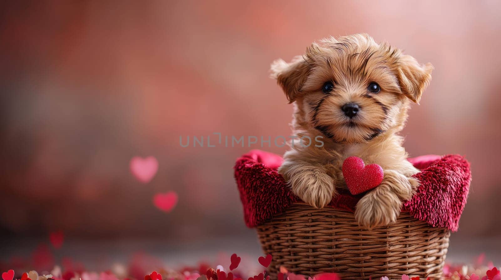 A small puppy sitting in wicker basket, surrounded by hearts, exudes joy and cuteness