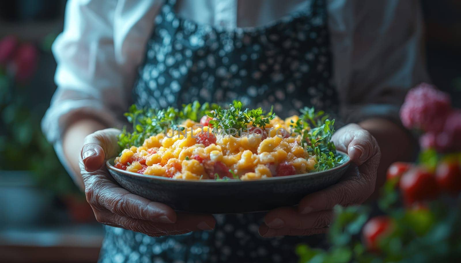 A Delicious pasta dish with fresh herbs served in rustic bowl, showcasing vibrant colors and textures