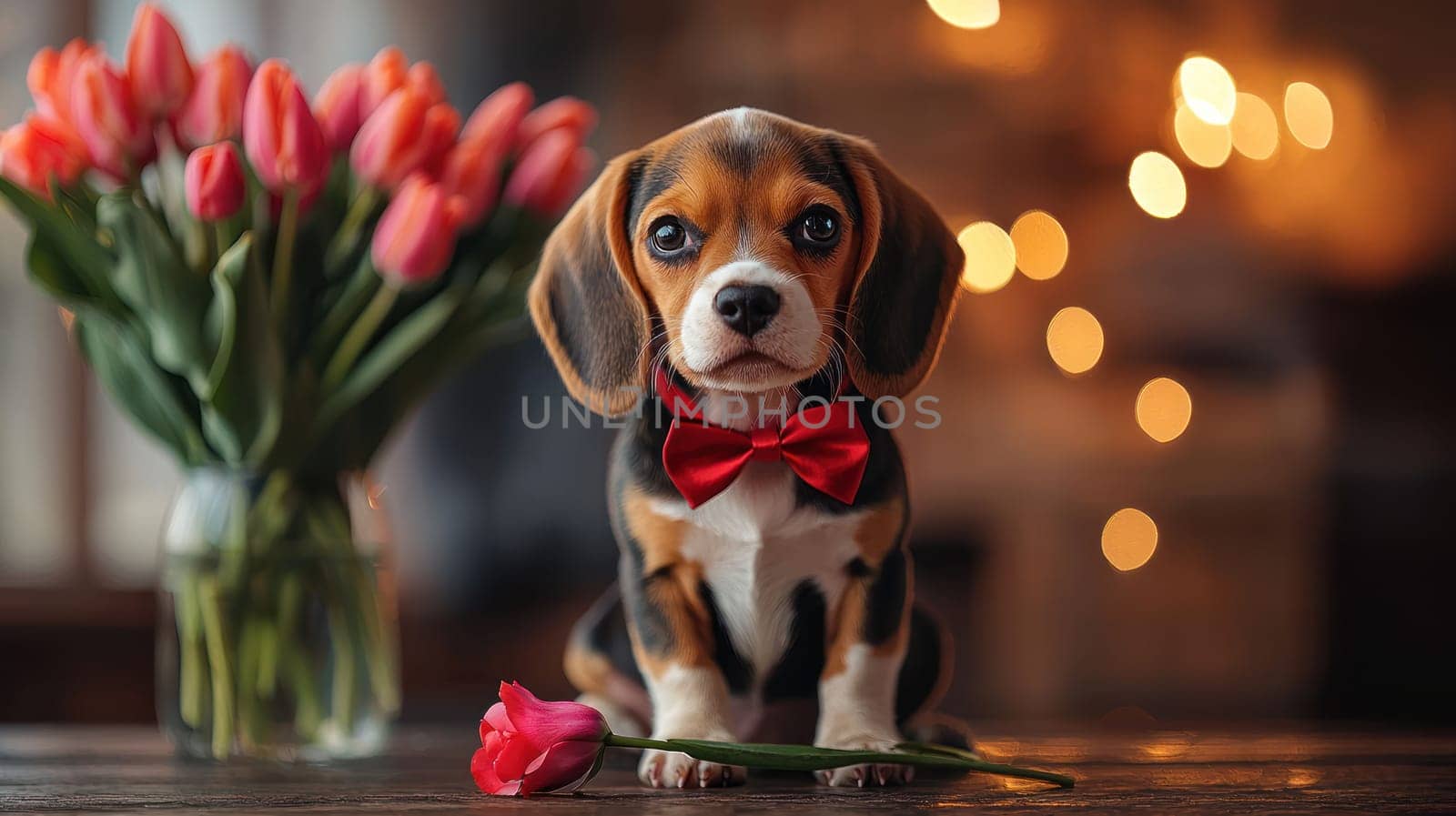 A small beagle puppy wearing red bow tie sits beside bouquet of tulips, exuding charm and playfulness in cozy setting