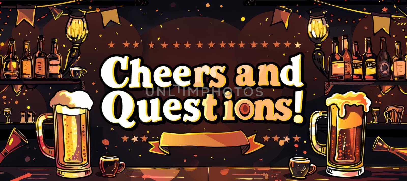 A vibrant promotional flyer for a trivia pub quiz night, featuring beer mugs, bold typography, and the tagline "cheers and questions!" set against a cozy bar background with warm lighting and festive decorations.
