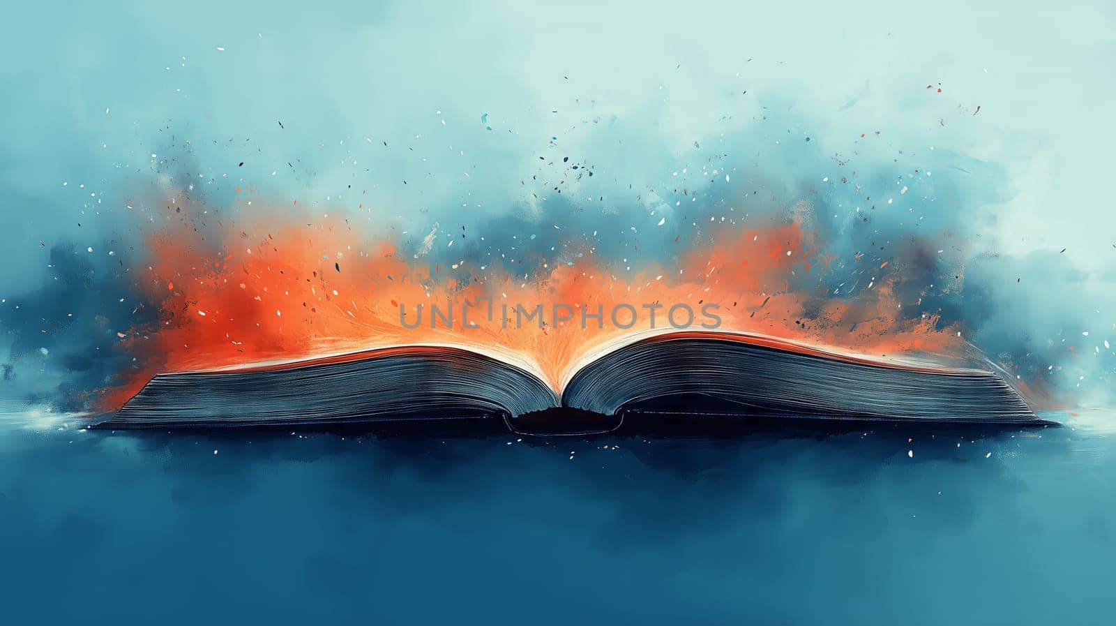 An open book releasing vibrant orange and blue smoke and sparks, symbolizing imagination, creativity, and the magic of knowledge.