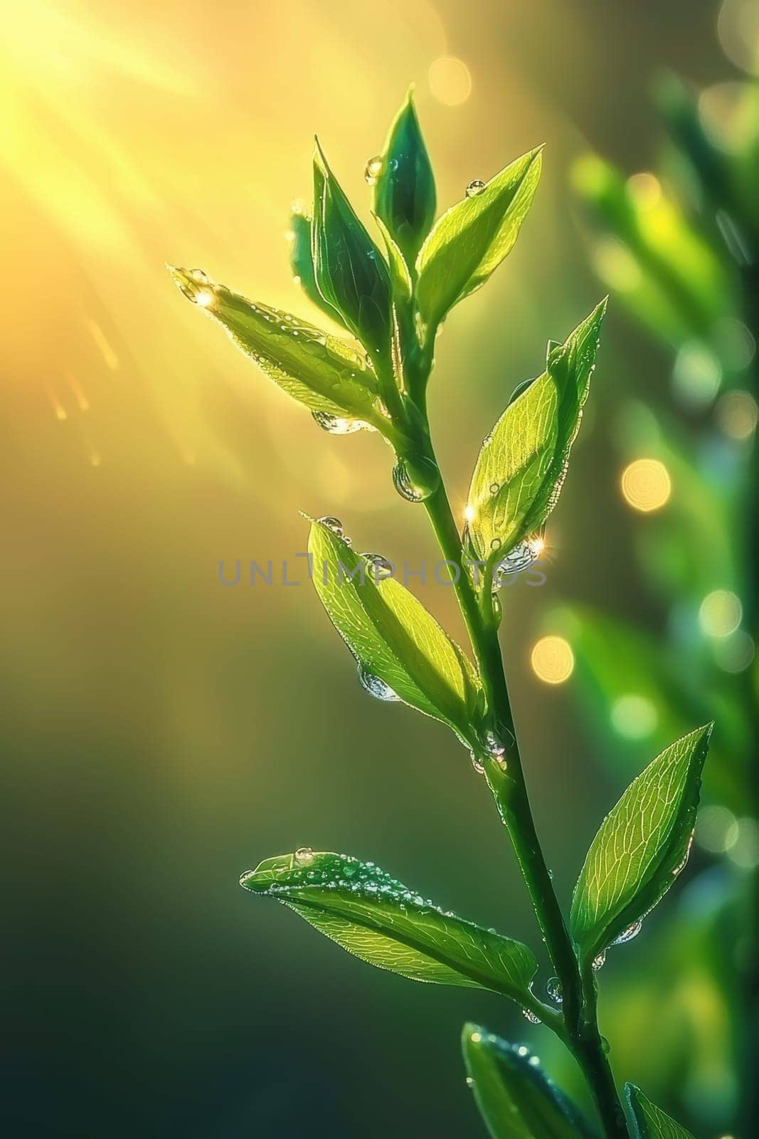 Close-up of vibrant green leaves sprouting on a tree branch adorned with morning dew, set against a softly lit bokeh background. sunlight filters through, the fresh, natural beauty, ideal for nature-themed designs and projects.