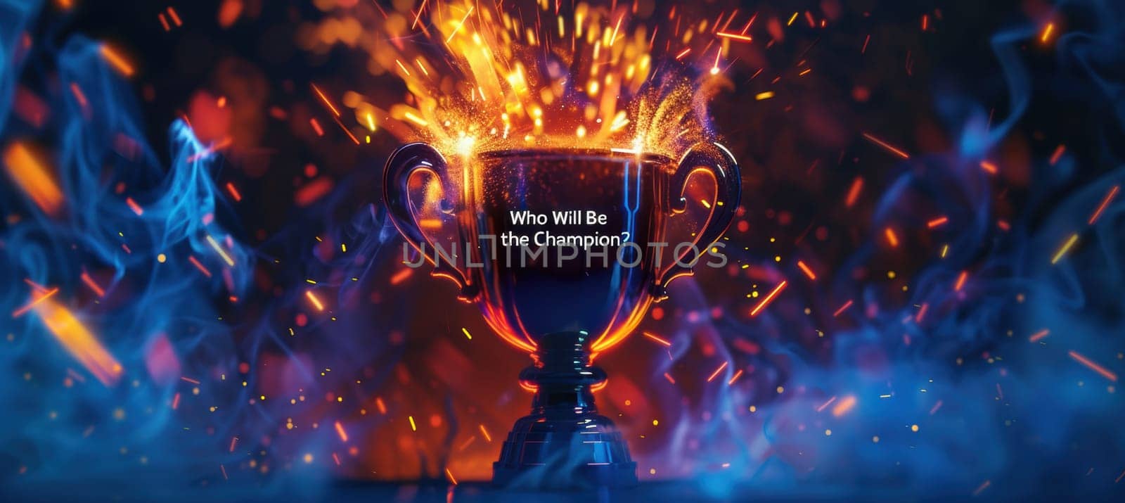 Vibrant poster featuring dramatic lighting and a radiant golden trophy, complemented by the impactful tagline "who will be the champion," ideal for promoting quiz competitions and engaging viewers in a competitive atmosphere.