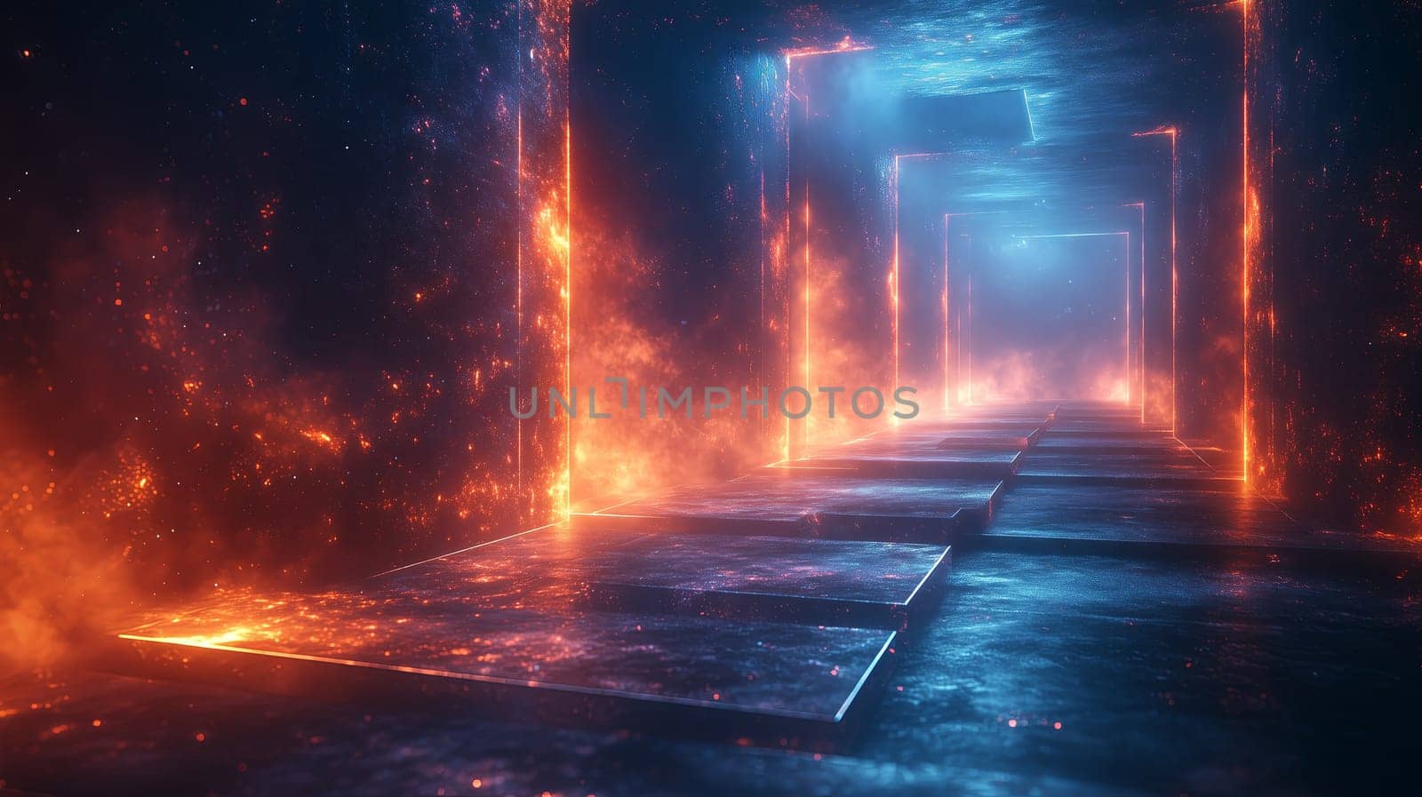 Abstract digital artwork of a futuristic corridor illuminated by glowing red and blue lights, creating a sci-fi atmosphere.