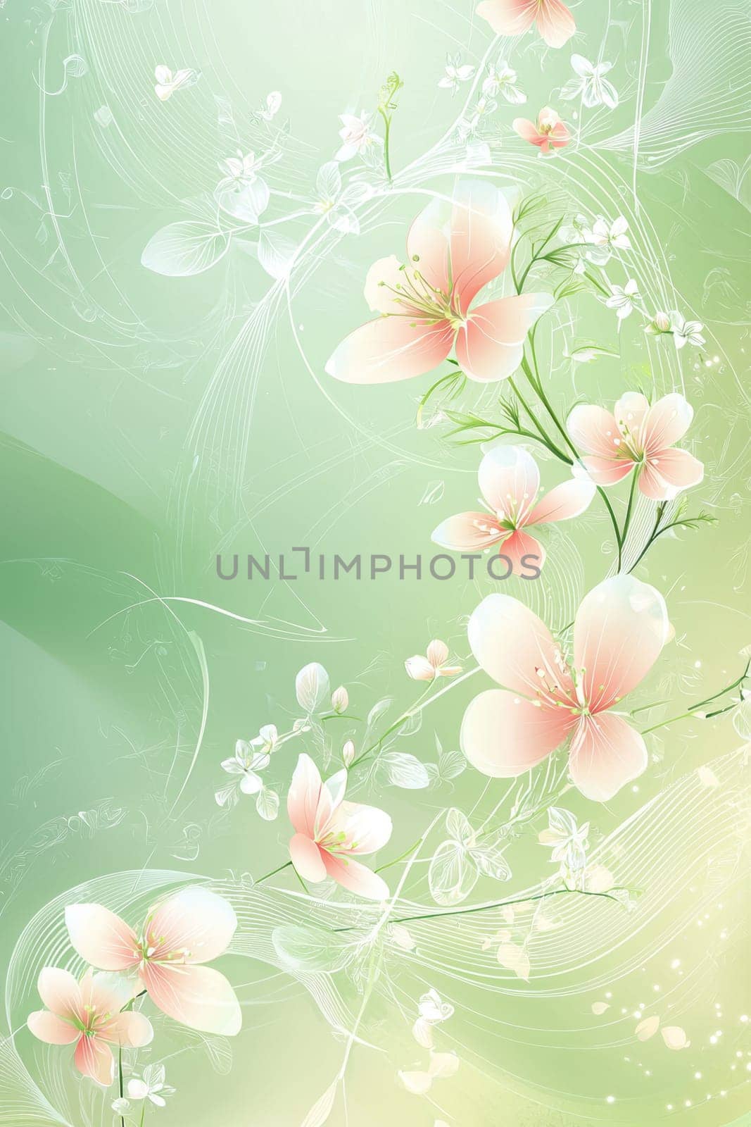 Delicate abstract spring design featuring a blend of pastel greens and pinks layered with intricate white floral motifs. ideal for sophisticated seasonal branding or elegant design projects, capturing the essence of renewal and beauty.