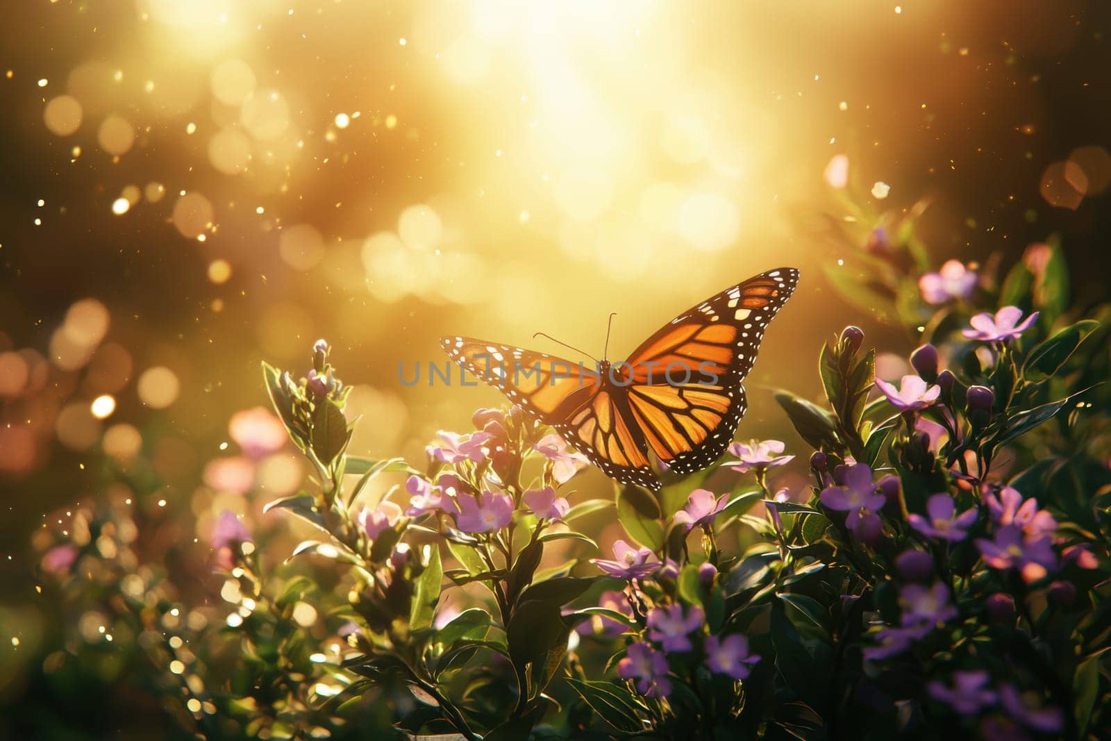 Monarch butterfly perched on a vivid purple flower, surrounded by lush green foliage. warm sunlight creates a soft, glowing atmosphere, capturing the essence of spring. ideal for use in serene nature backgrounds or seasonal designs.