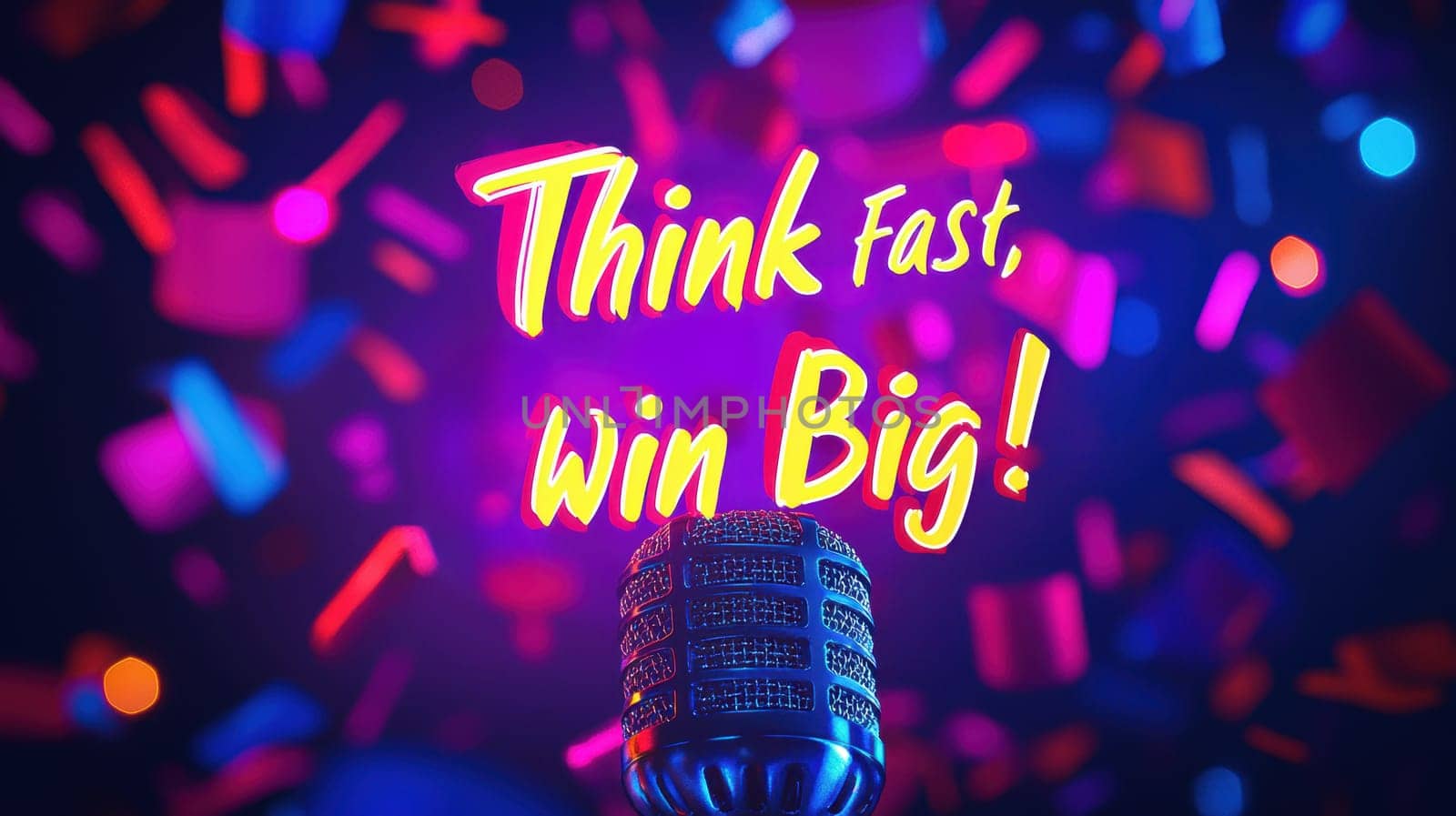 Bright and colorful trivia competition poster featuring a glowing microphone and vibrant confetti. the bold text "think fast, win big!" highlights the energetic theme, ideal for event promotion, posters, and engaging social media graphics.