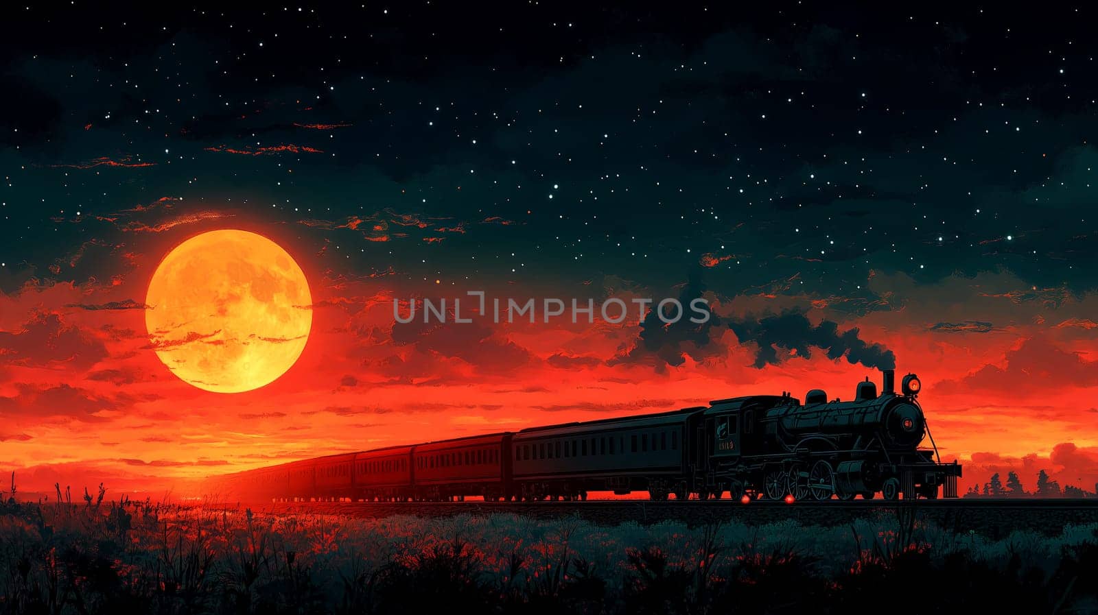 A vintage train silhouette traveling at dusk with a glowing full moon and red sky, surrounded by stars.