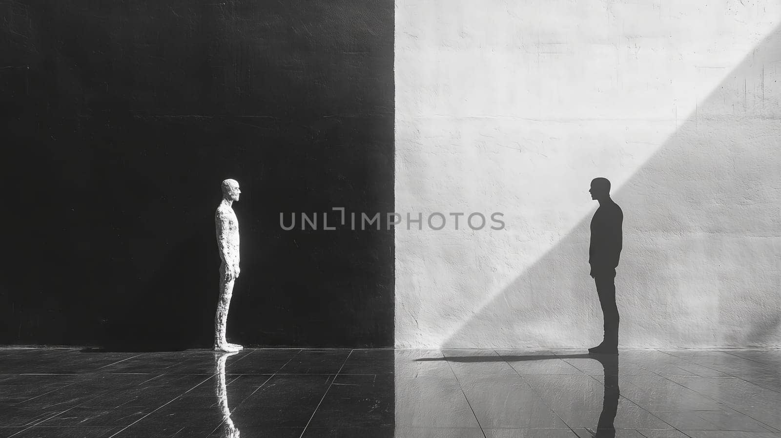 A dark and light human figure face each other, separated by a sharp black-and-white division, symbolizing duality, contrast, and balance.