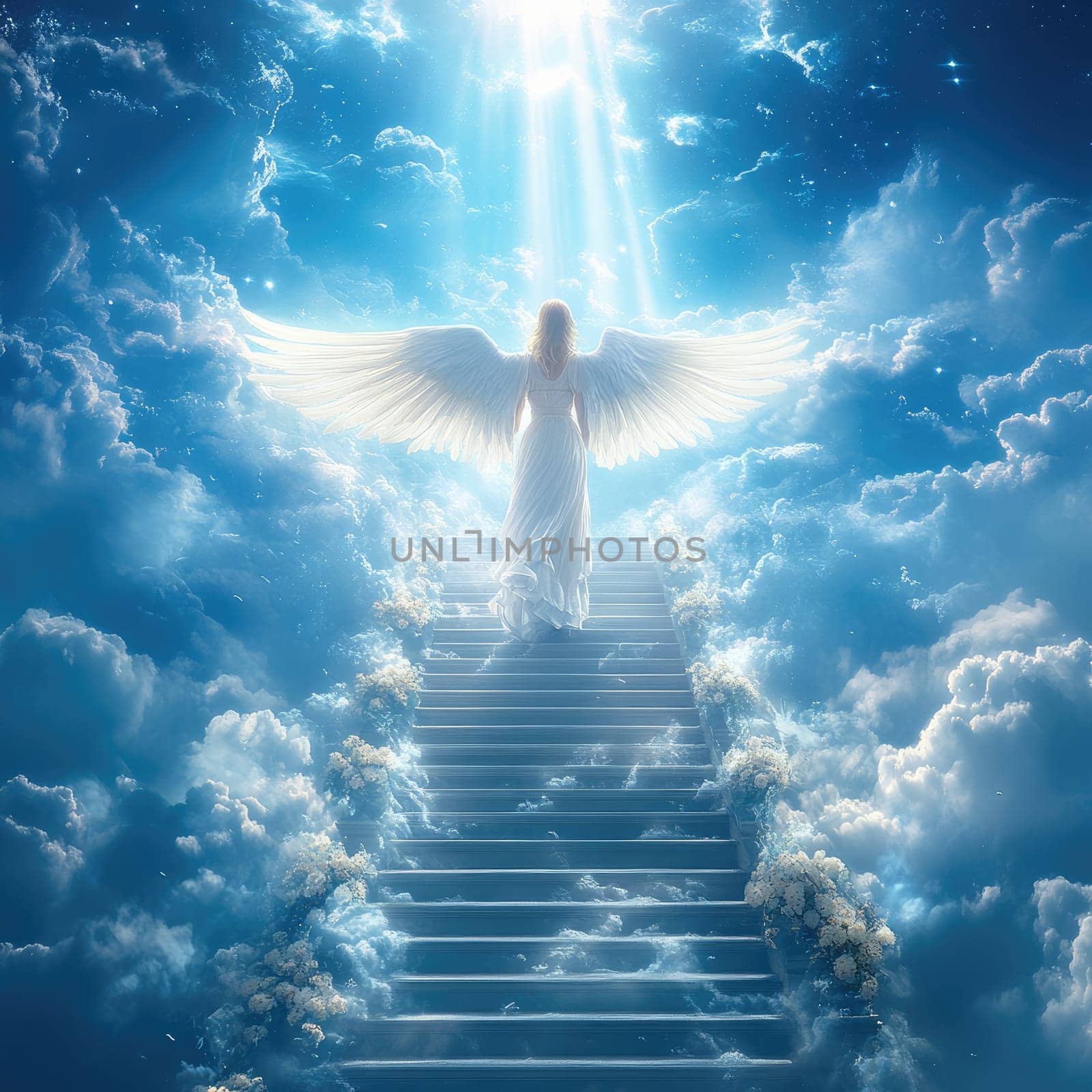 Angelic wings: soul departure, divine ascent, afterlife belief, celestial transition, life beyond death, metaphysical journey, sacred flight, eternal transformation, religious symbolism