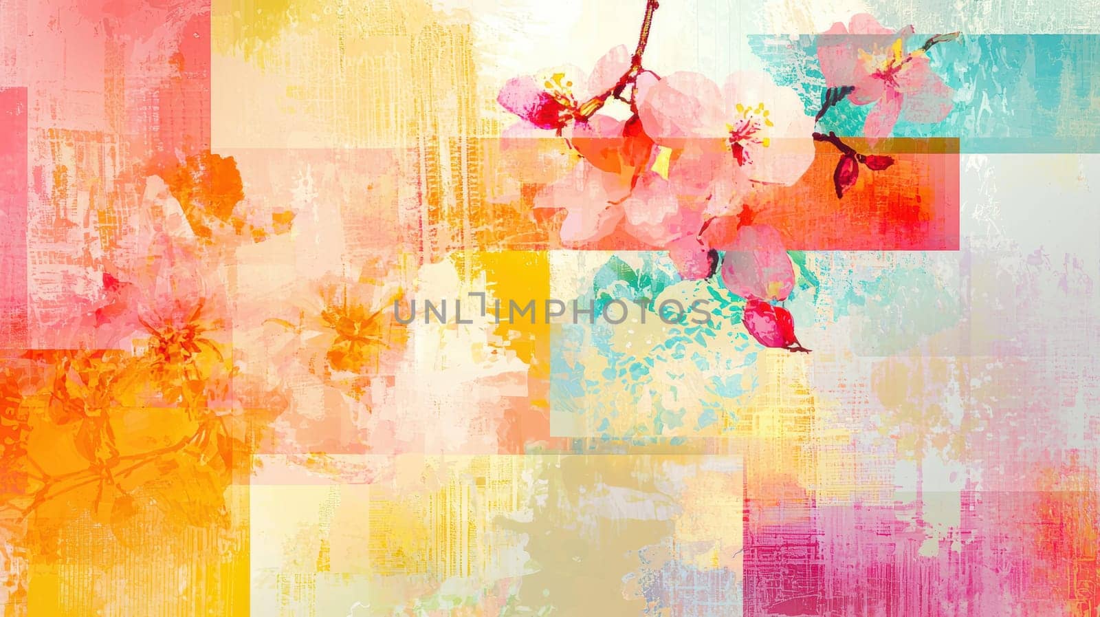 Vibrant abstract spring design featuring pastel color blocks and textured floral patterns. ideal for creating eye-catching promotional content that embodies the freshness and excitement of the spring season.