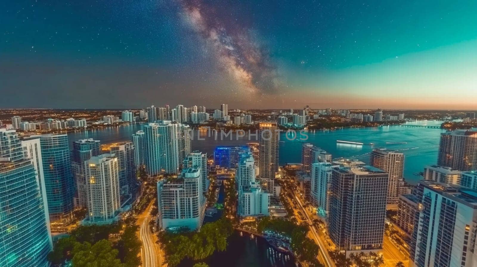 A stunning aerial view of a vibrant city skyline at dusk, showcasing modern skyscrapers and a shimmering waterfront. The night sky is filled with stars and the Milky Way, creating a breathtaking contrast with the city lights.