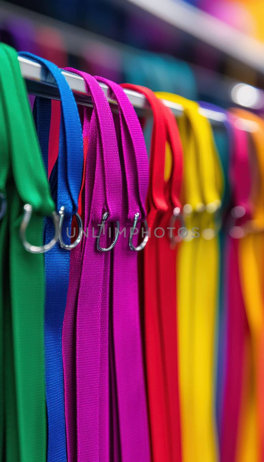 Vibrant close-up of assorted colorful lanyards hanging neatly on a display rack, showcasing customizable options at a promotional booth. the image highlights the variety of colors and versatility for personal or business use.