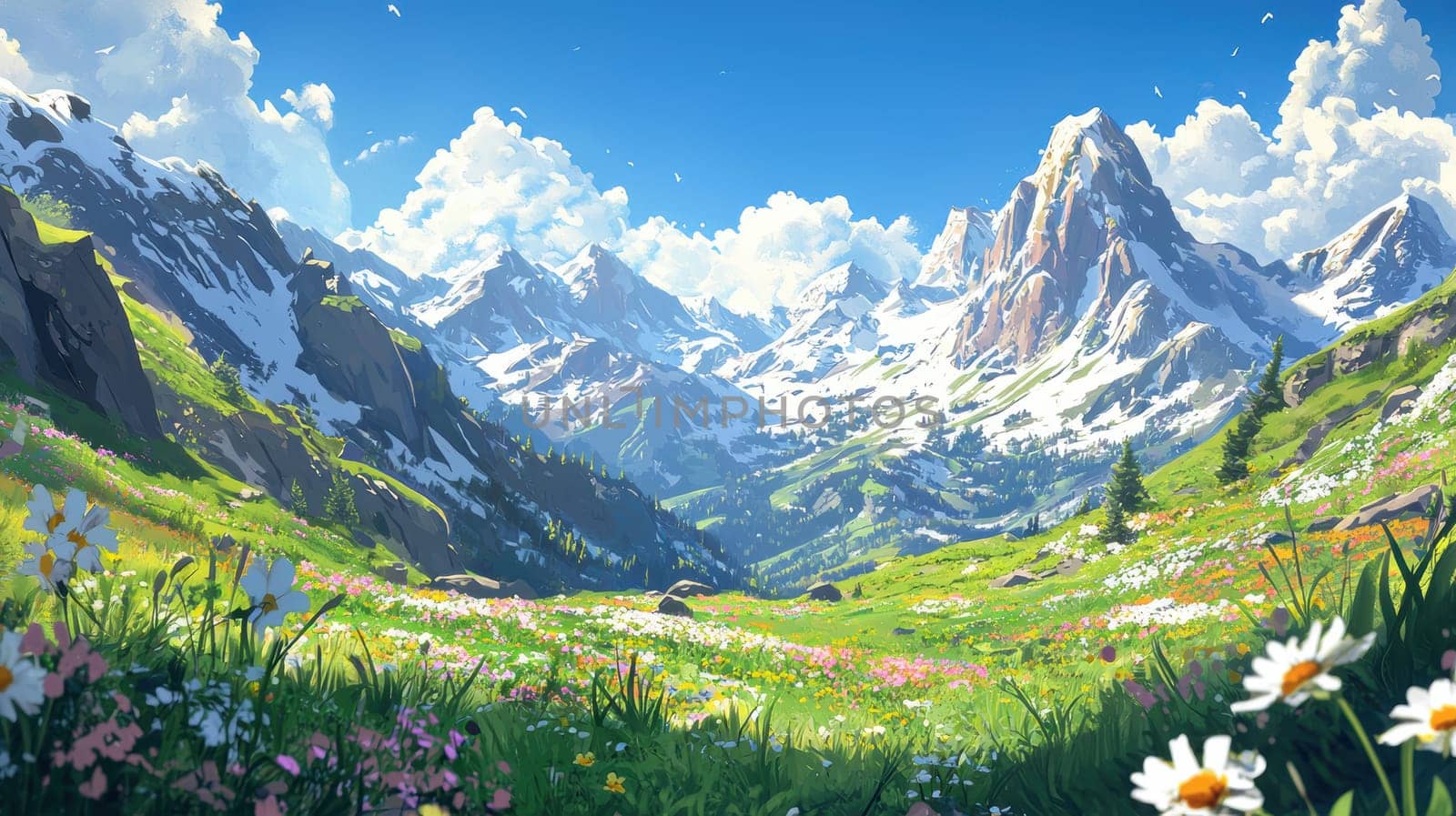 Breathtaking mountain landscape in spring, featuring snow-capped peaks with melting snow, vibrant blooming meadows, and a clear blue sky. ideal for an adventurous and refreshing spring-themed background, emphasizing natural beauty.