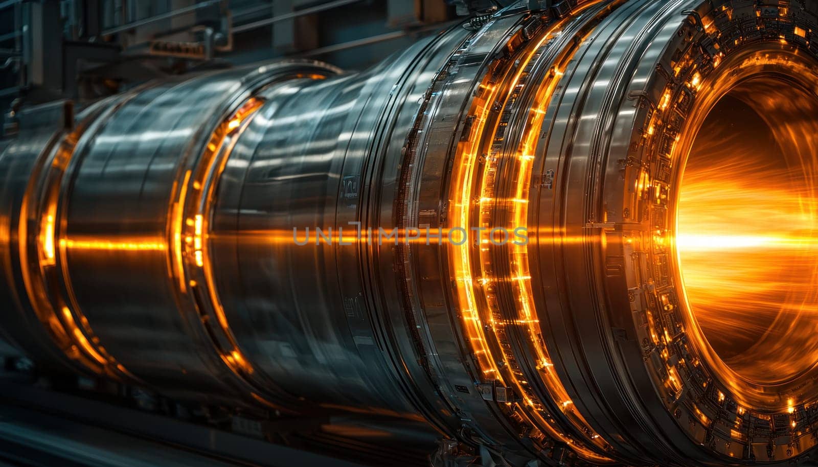 A Powerful beams of light emanate from complex industrial machine, showcasing advanced technology and engineering marvels